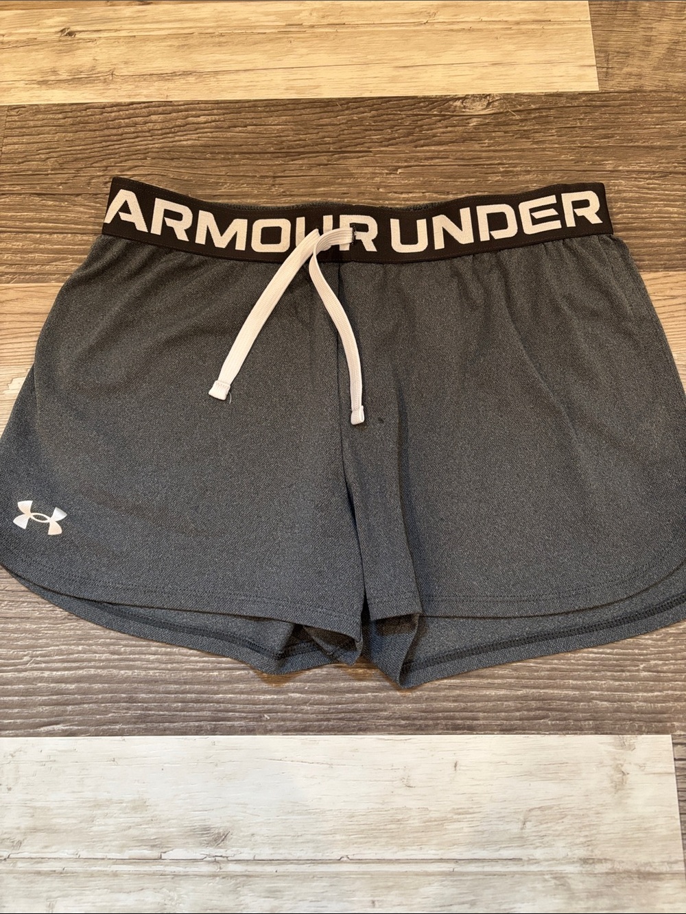 Under Armour Women's Charcoal Gray Athletic Shorts with Black Branded Waistband